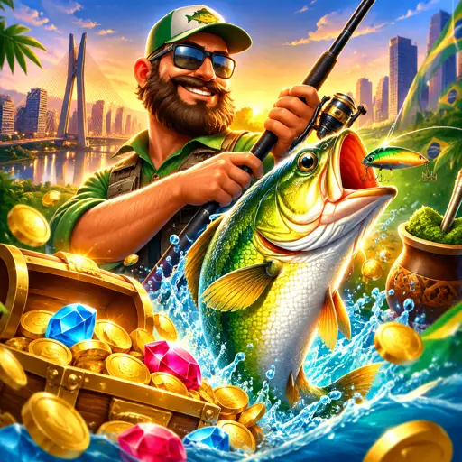 Tela do slot Big Bass Bonanza com pescador e peixes